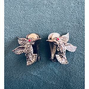 Vintage Hummingbird Clip-On Earrings Silver Tone Red Rhinestone Eye Bird Jewelry